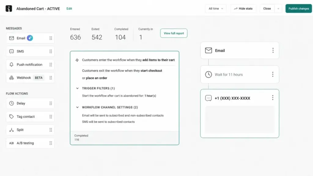 Omnisend automation workflow builder showing an abandoned cart flow with email, wait, and SMS steps