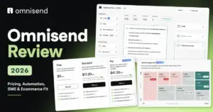Omnisend Review 2026 featured image showing pricing, automation, SMS, and ecommerce marketing dashboard elements