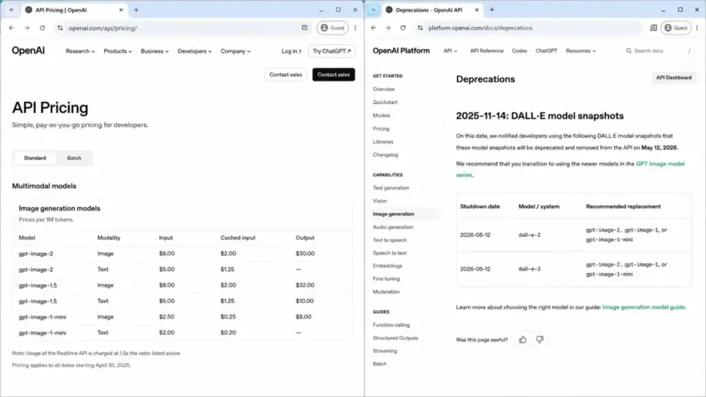 OpenAI API pricing page showing GPT-Image pricing beside the DALL-E API deprecation notice.