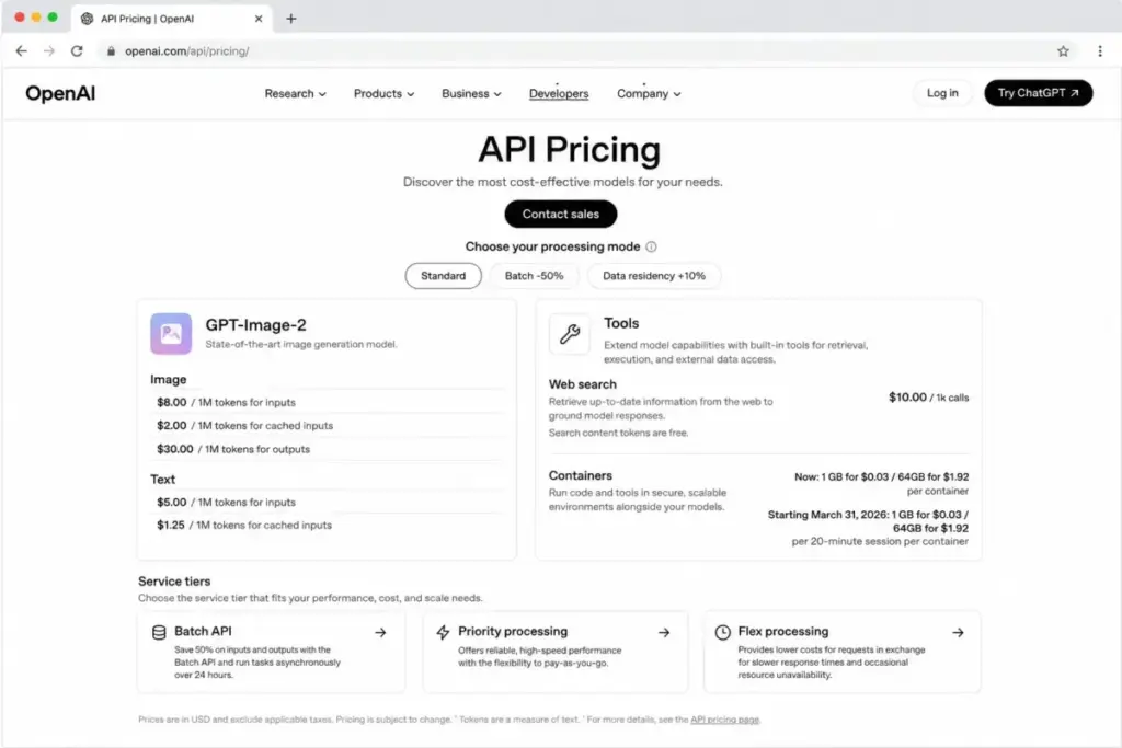 OpenAI API pricing mockup showing GPT-Image-2 token rates and built-in tool costs