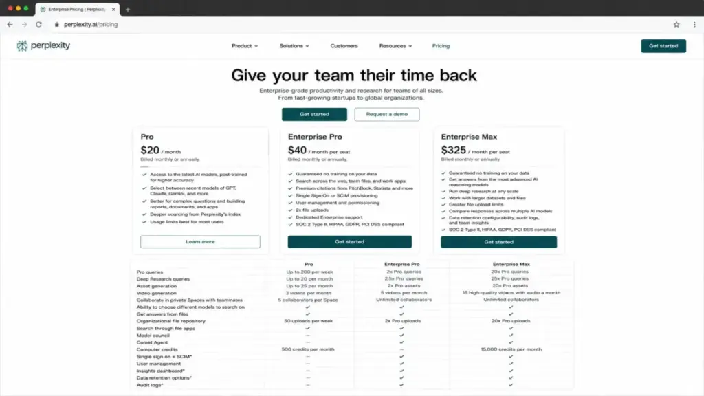 Perplexity AI pricing page mockup showing Pro, Enterprise Pro, and Enterprise Max plan comparison.