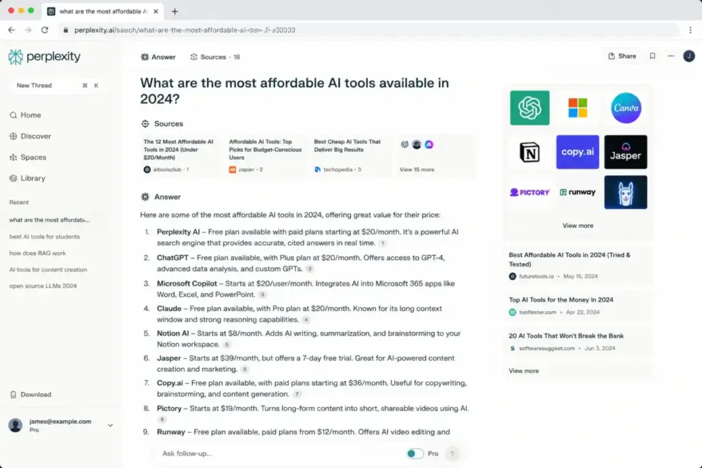 Screenshot-style mockup of Perplexity showing AI pricing search results with numbered inline citations and source cards.