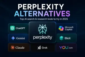 Perplexity Alternatives featured image showing AI search and research tools including ChatGPT, Gemini, Claude, Copilot, Elicit, and You.com