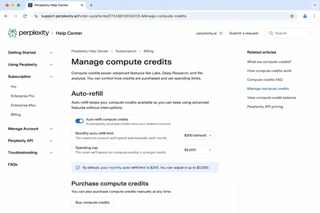 Perplexity Help Center mockup showing Computer credits, auto-refill settings, and monthly spending cap.