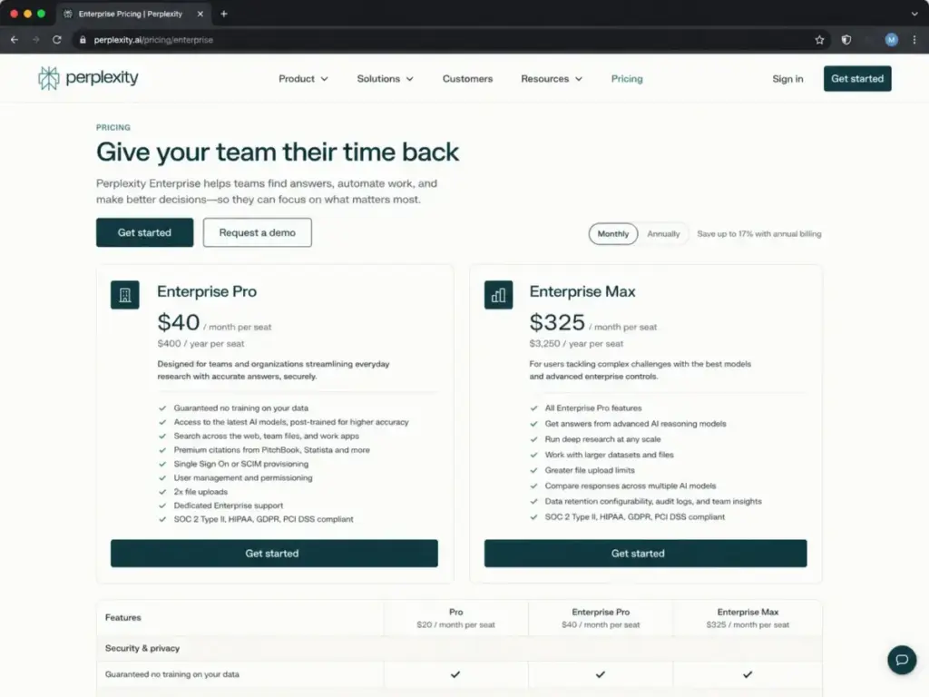 Perplexity Enterprise pricing page showing Enterprise Pro at $40 per seat per month and Enterprise Max at $325 per seat per month.