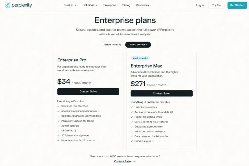 Perplexity enterprise pricing page mockup showing Enterprise Pro at $34 per seat per month and Enterprise Max at $271 per seat per month billed annually.