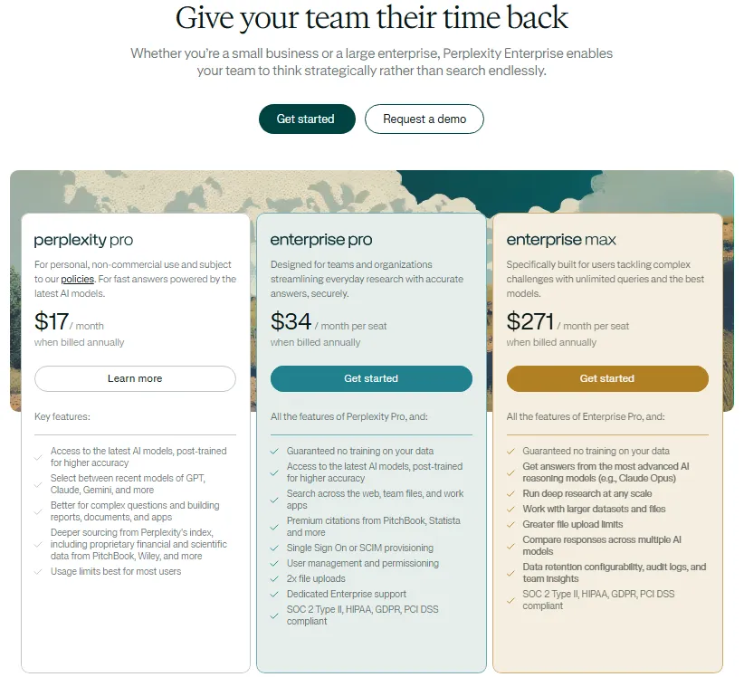 Perplexity pricing page showing Pro, Enterprise Pro, and Enterprise Max plans in 2026