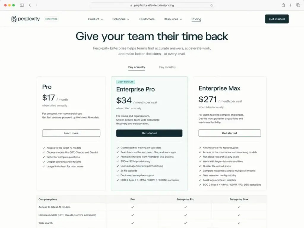 Perplexity Enterprise pricing page showing Pro, Enterprise Pro, and Enterprise Max plan comparison.