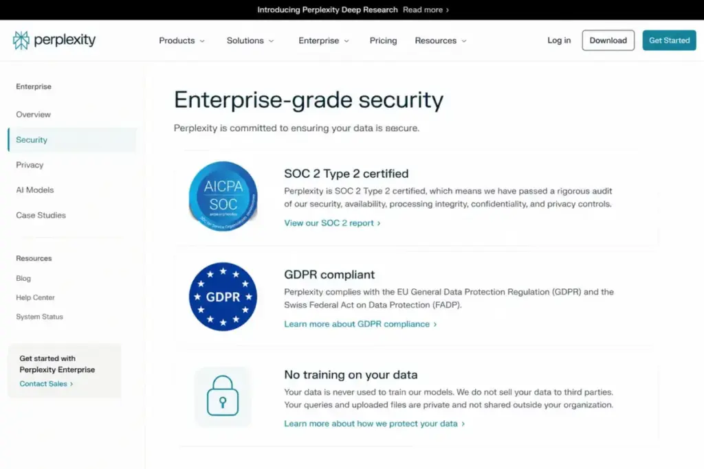 Perplexity Enterprise security page mockup showing SOC 2 Type 2 certification, GDPR compliance, and no training on customer data guarantee.