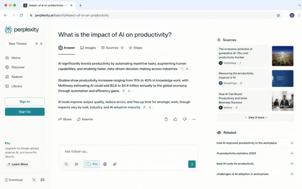Perplexity Pro search interface mockup showing inline citations, source cards, and related research questions.
