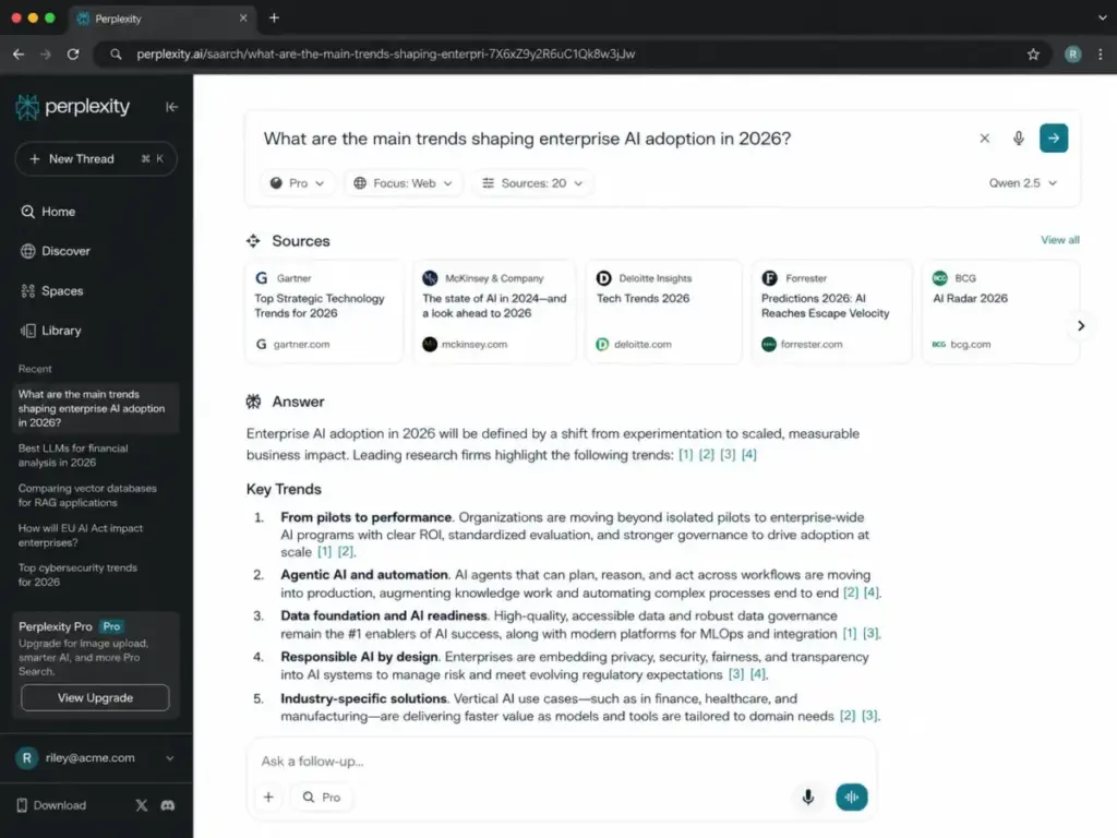 Perplexity Pro search result page showing inline citations, source cards, and research query answer.