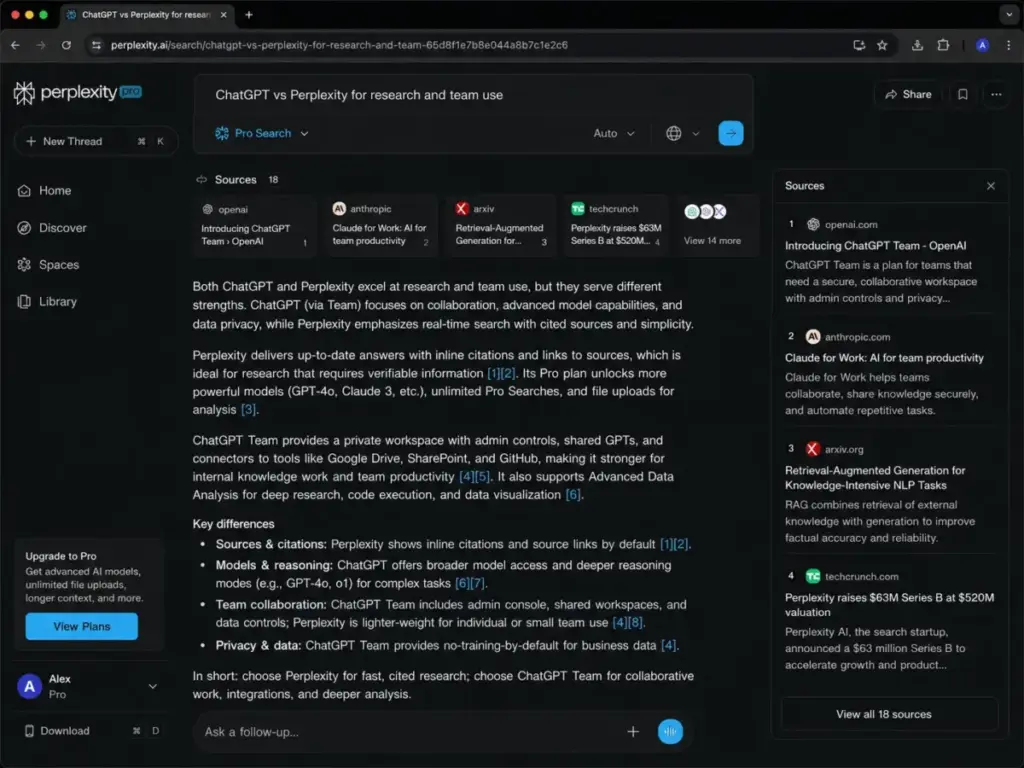 Perplexity Pro Search results page showing inline citations, source cards, and cited AI answers.
