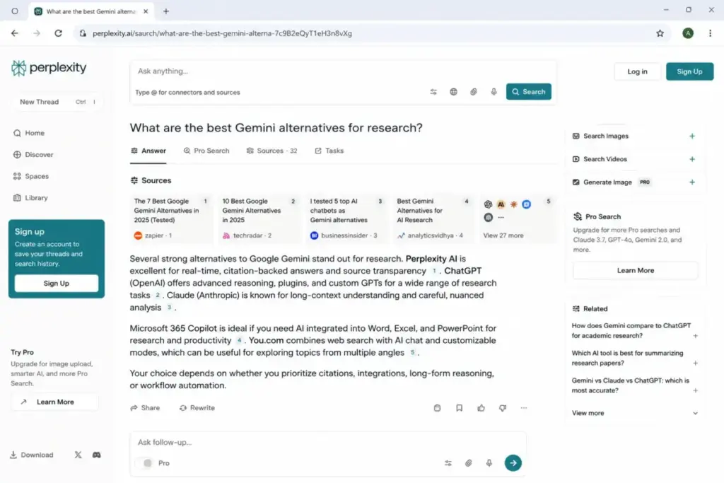 Perplexity search results page showing inline citations for Gemini alternatives research.