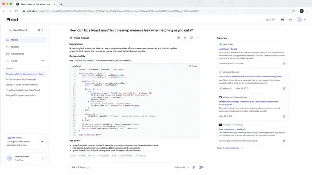 Screenshot-style mockup of the Phind interface showing a React useEffect coding question with an AI-generated answer, code block, and technical source results.