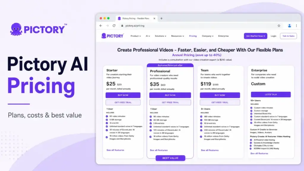 Pictory AI Pricing featured image showing pricing plans, costs, and best value plan comparison