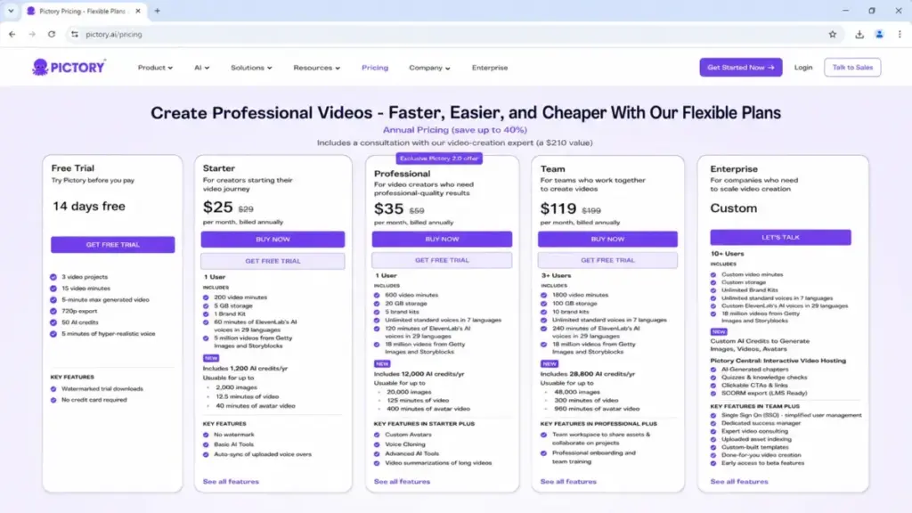 Pictory AI pricing plans 2026 with Free Trial, Starter, Professional, Team, and Enterprise tiers