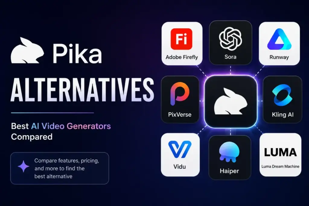 Pika Alternatives featured image showing AI video generator tools compared around a central Pika-style icon
