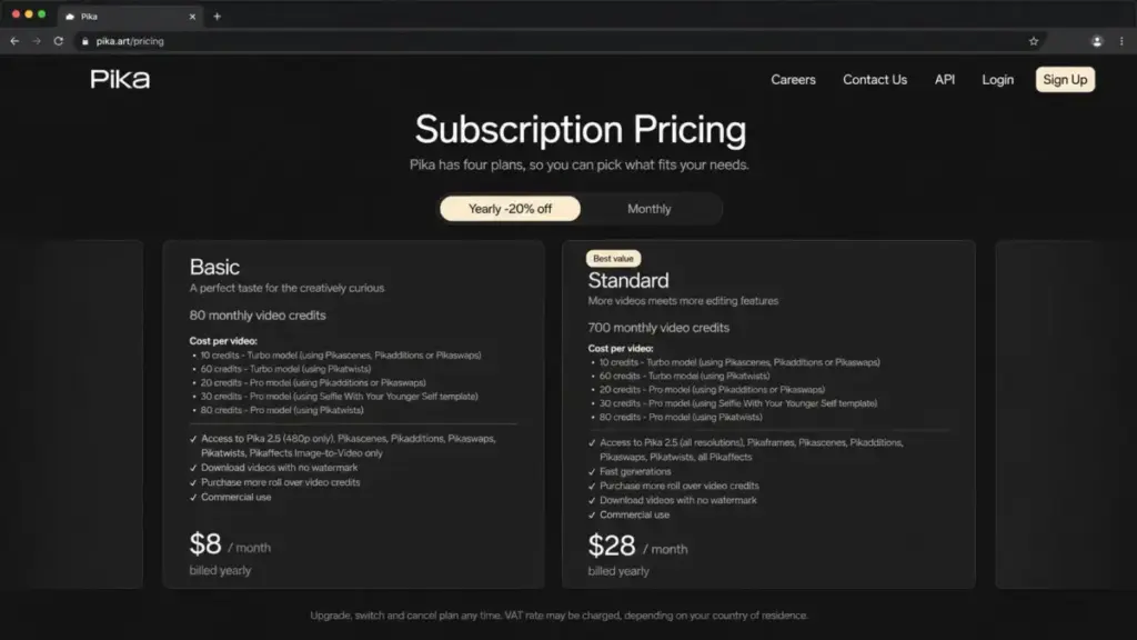 Pika pricing page showing Basic at $8/month billed yearly and Standard at $28/month with 700 video credits