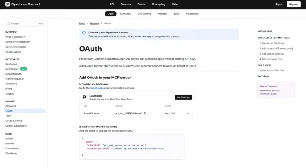 Pipedream Connect documentation showing OAuth setup for MCP server integration and AI agent API connectivity