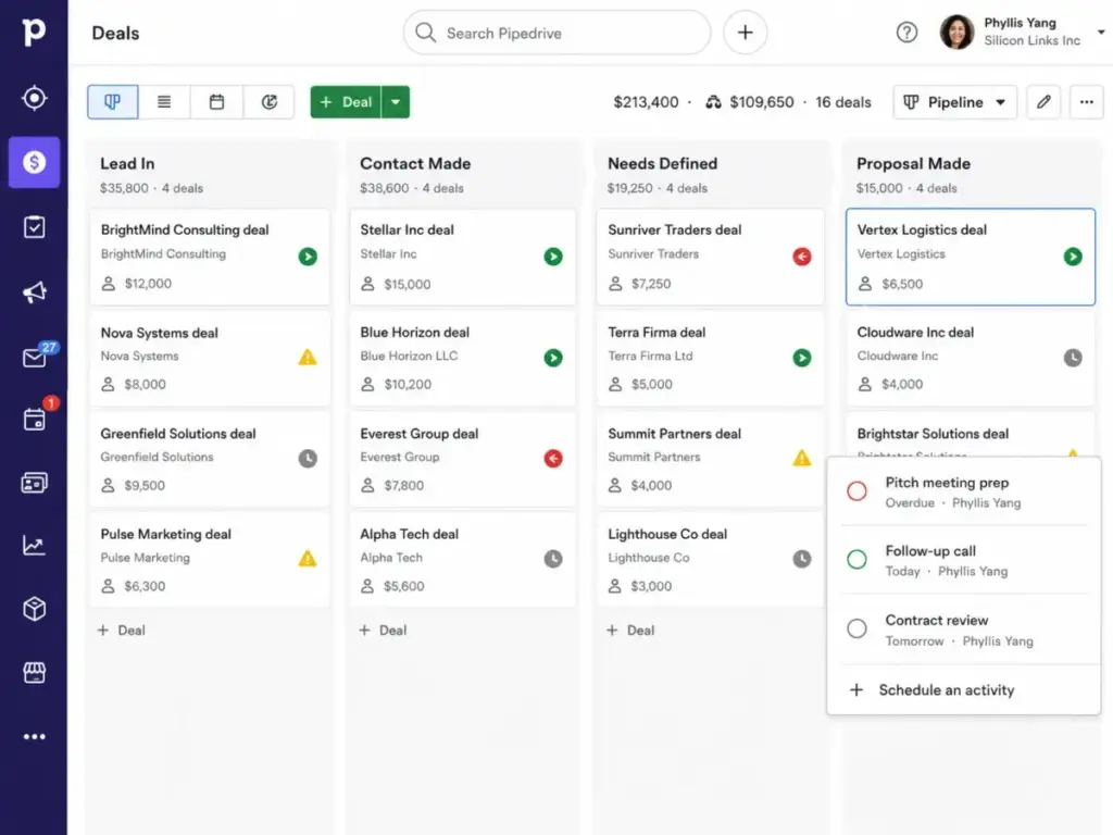 Pipedrive visual sales pipeline view with deal cards, stage columns, and activity tracking indicators