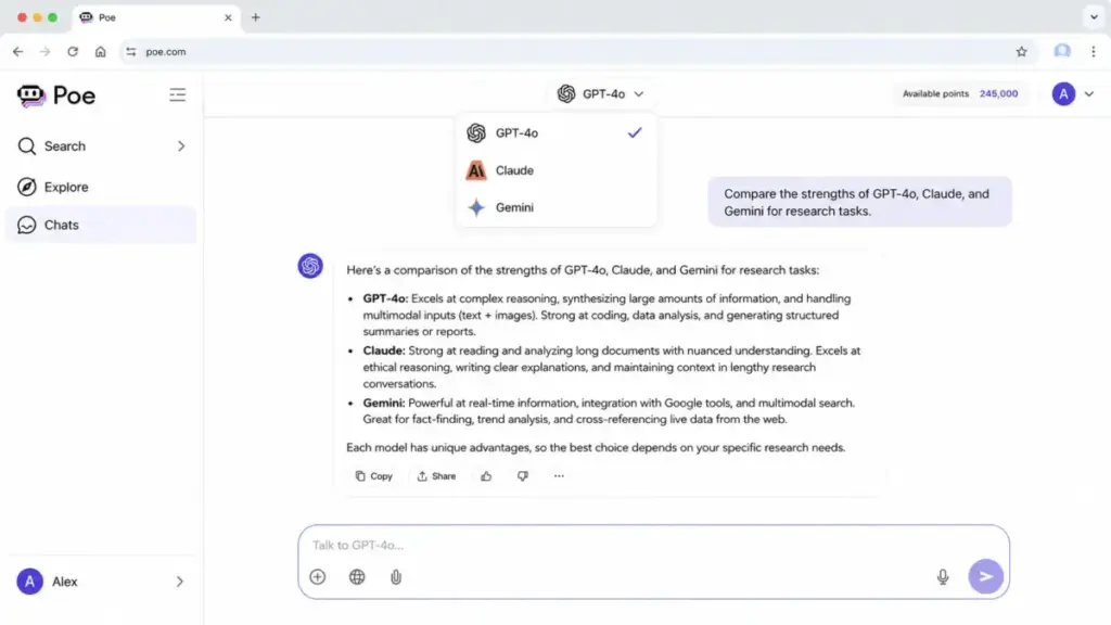 Poe AI chat interface mockup showing model selection between GPT-4o, Claude, and Gemini with available points balance.