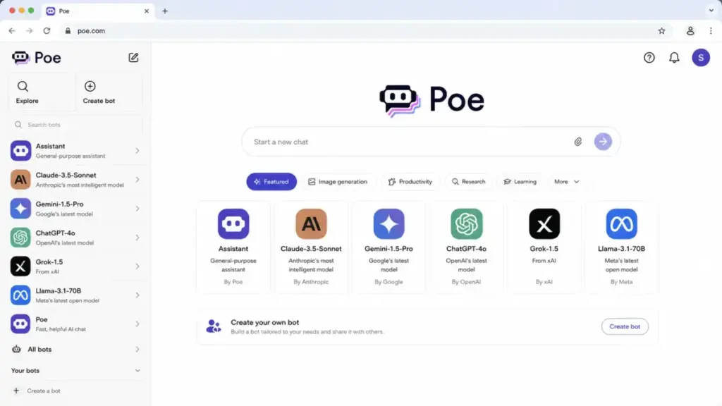 Screenshot-style mockup of the Poe.com interface showing a sidebar list of available AI models including Claude and Gemini.