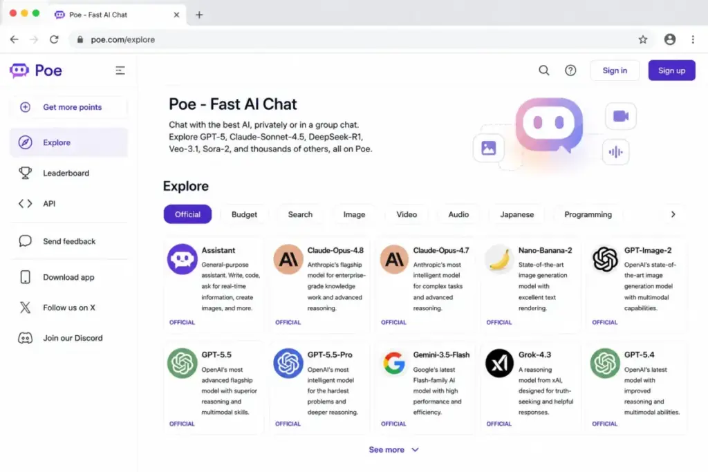 Poe multi-model interface showing available AI bots including Assistant, Claude, GPT, Gemini, and Grok.
