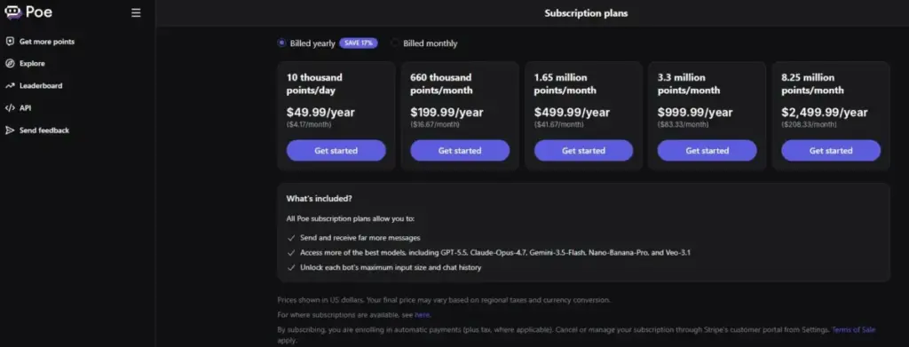 Poe subscription plans page showing yearly USD pricing and points-based plan limits