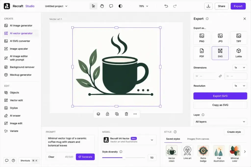 Recraft AI vector generator interface showing vector logo output with SVG export options