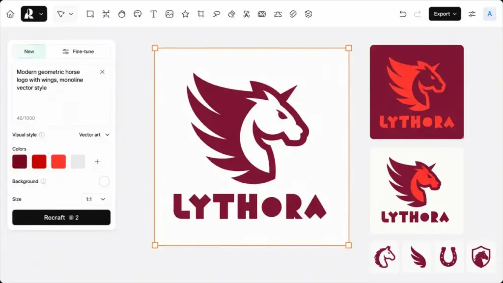 Recraft vector generation interface mockup showing SVG logo output, icon variations, color controls, and export tools.