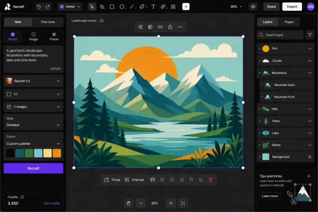 Recraft vector generation and SVG editing interface mockup