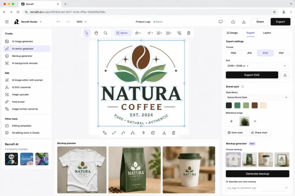 Recraft Studio mockup showing vector logo editing, brand style controls, export options, and product mockup generation.