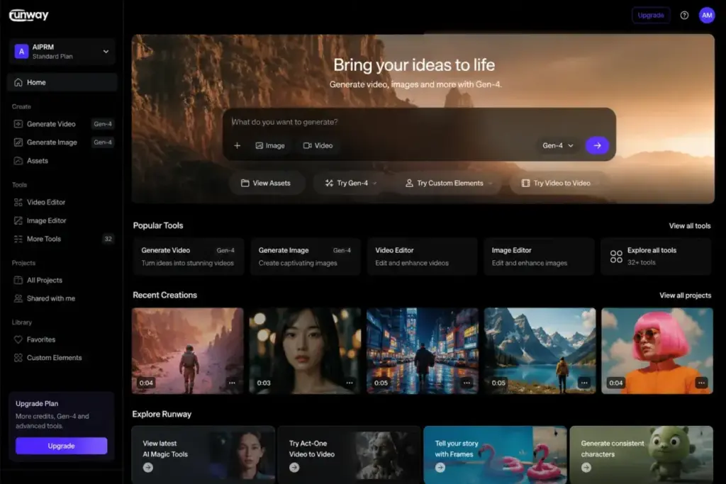 Runway Gen-4 video and image generation dashboard mockup