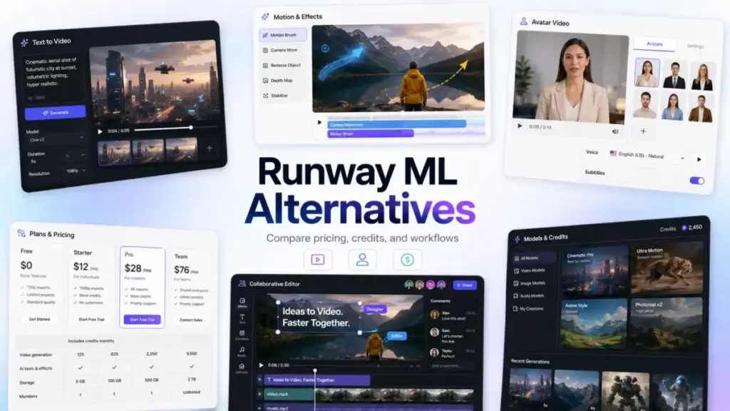 Runway ML Alternatives featured image showing AI video generation, motion effects, avatar video, pricing, credits, and collaborative editing tools