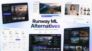Runway ML Alternatives featured image showing AI video generation, motion effects, avatar video, pricing, credits, and collaborative editing tools