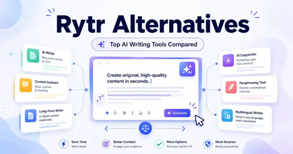 Rytr Alternatives featured image showing AI writing tools compared with content generation, paraphrasing, and copywriting options.