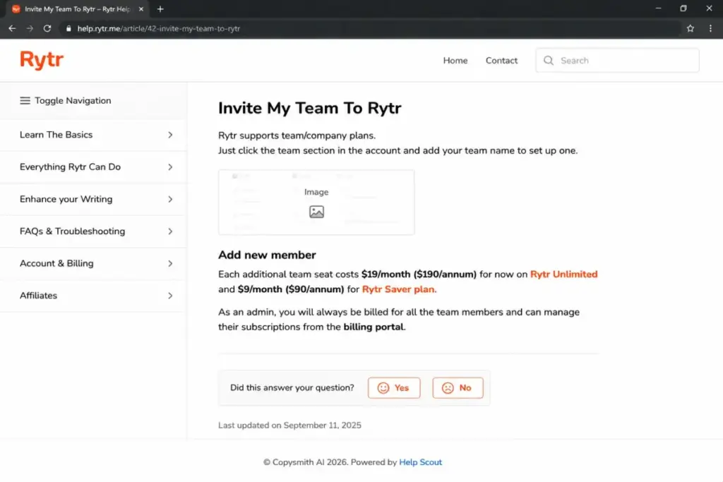 Screenshot-style mockup of Rytr Help Center article showing additional team seat pricing at $19/month for Rytr Unlimited.