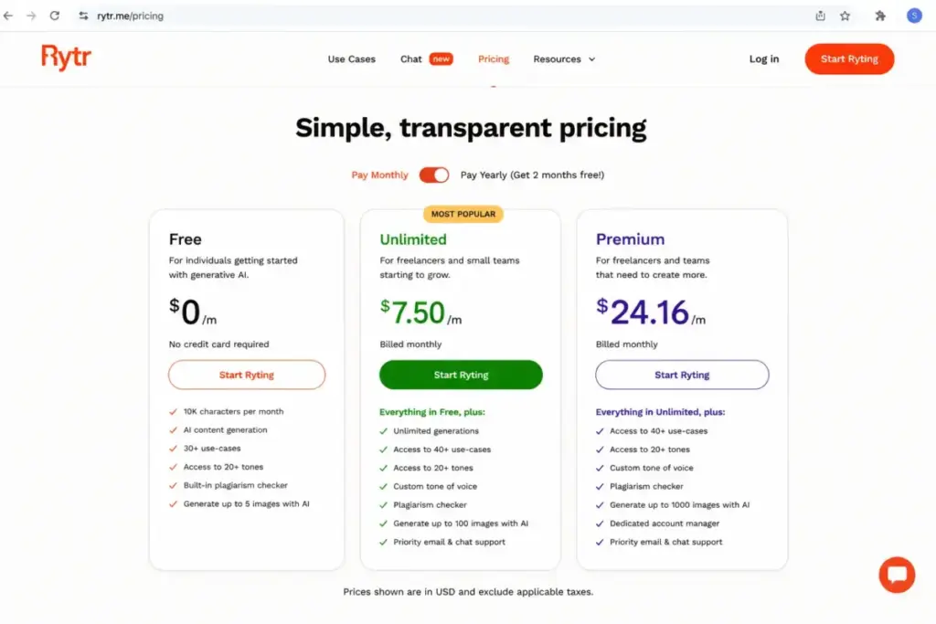Rytr pricing page mockup showing Free, Unlimited, and Premium plans with monthly prices.