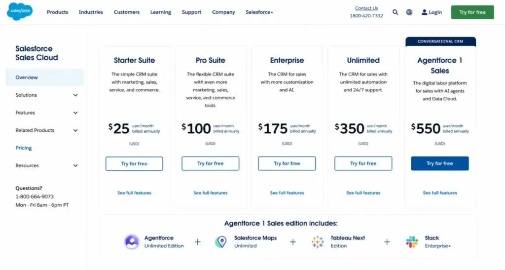 Salesforce Agentforce 1 Sales pricing page showing $550 per user per month with Salesforce Maps, Tableau Next, and Slack Enterprise Plus included
