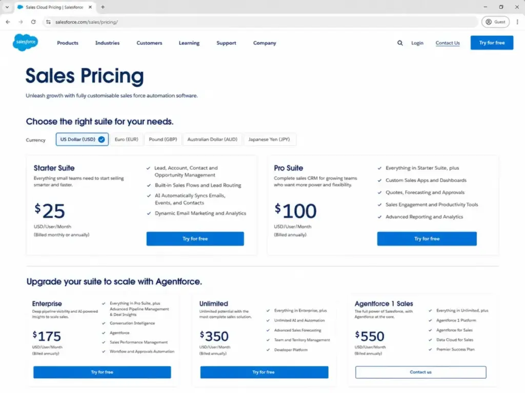 Salesforce Sales Cloud pricing page showing Starter Suite at $25 per user per month and Enterprise at $175 per user per month