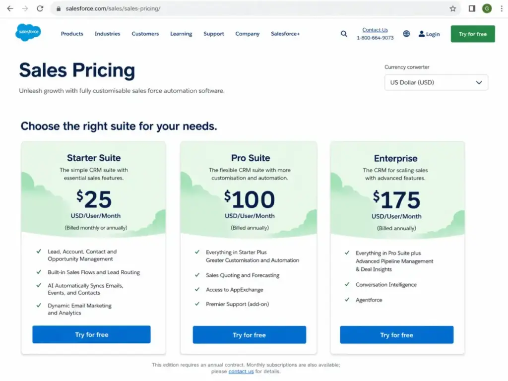 Salesforce Sales Cloud pricing page showing Starter Suite, Pro Suite, and Enterprise plans