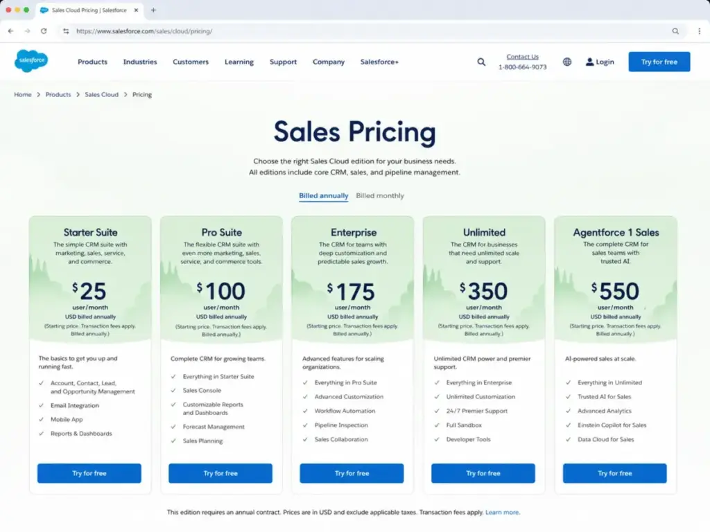 Salesforce Sales Cloud pricing page showing Starter Pro Enterprise Unlimited and Agentforce 1 plans