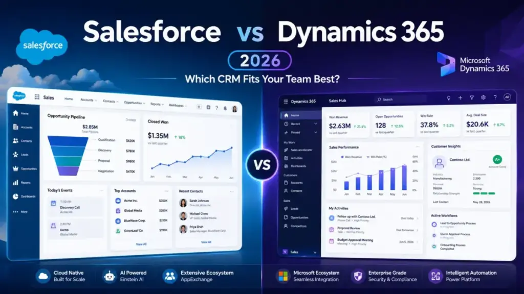 Salesforce vs Dynamics 365 2026 CRM comparison with side-by-side dashboards, sales pipeline, analytics, automation, and enterprise CRM features