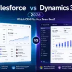 Salesforce vs Dynamics 365 2026 CRM comparison with side-by-side dashboards, sales pipeline, analytics, automation, and enterprise CRM features
