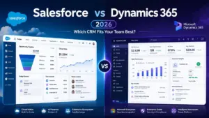Salesforce vs Dynamics 365 2026 CRM comparison with side-by-side dashboards, sales pipeline, analytics, automation, and enterprise CRM features