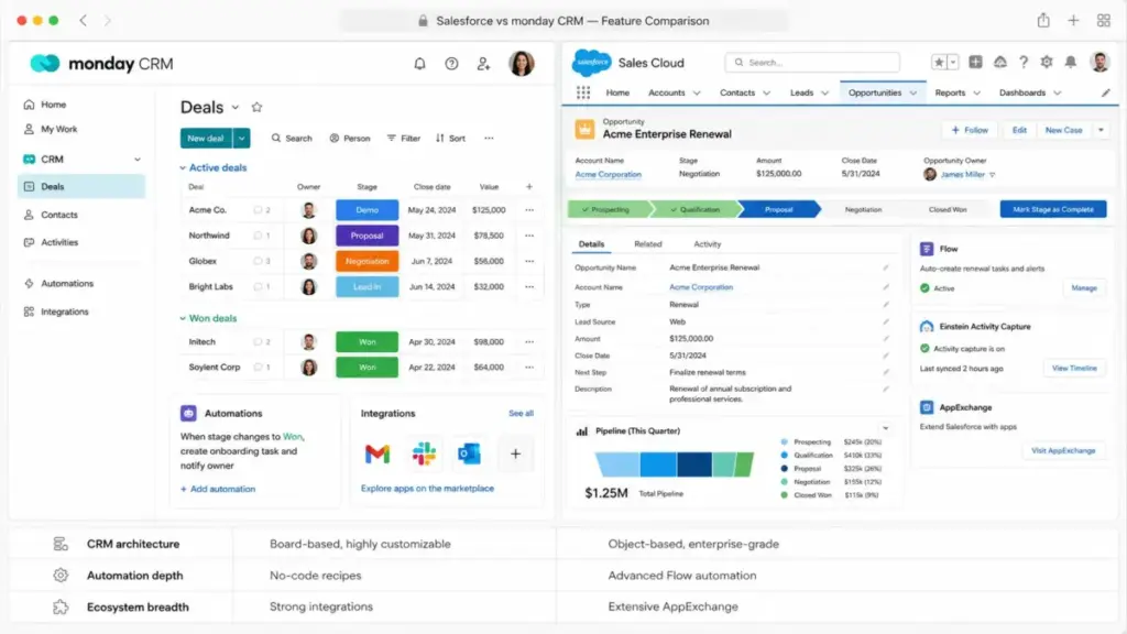 Salesforce vs monday CRM feature comparison showing CRM architecture automation and ecosystem differences