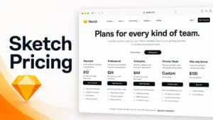 Sketch Pricing featured image showing a browser-style mockup of Sketch pricing plans with Standard, Professional, Enterprise, Private Cloud, and Mac-only license.