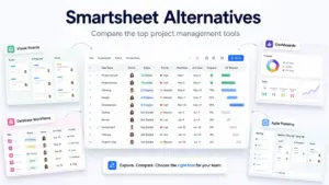 Smartsheet Alternatives featured image showing project management tool comparison with visual boards, dashboards, database workflows, and agile planning