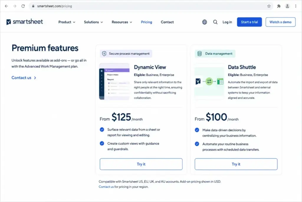 Smartsheet pricing add-ons section showing Dynamic View from $125/month and Data Shuttle from $100/month