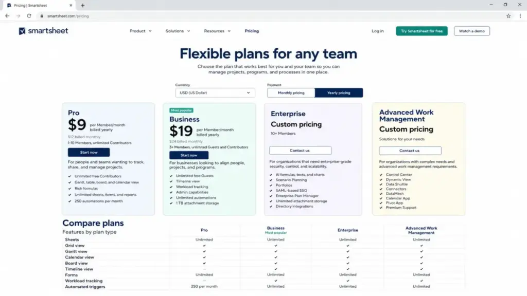 Smartsheet pricing page showing Pro at $9/member/month and Business at $19/member/month billed yearly